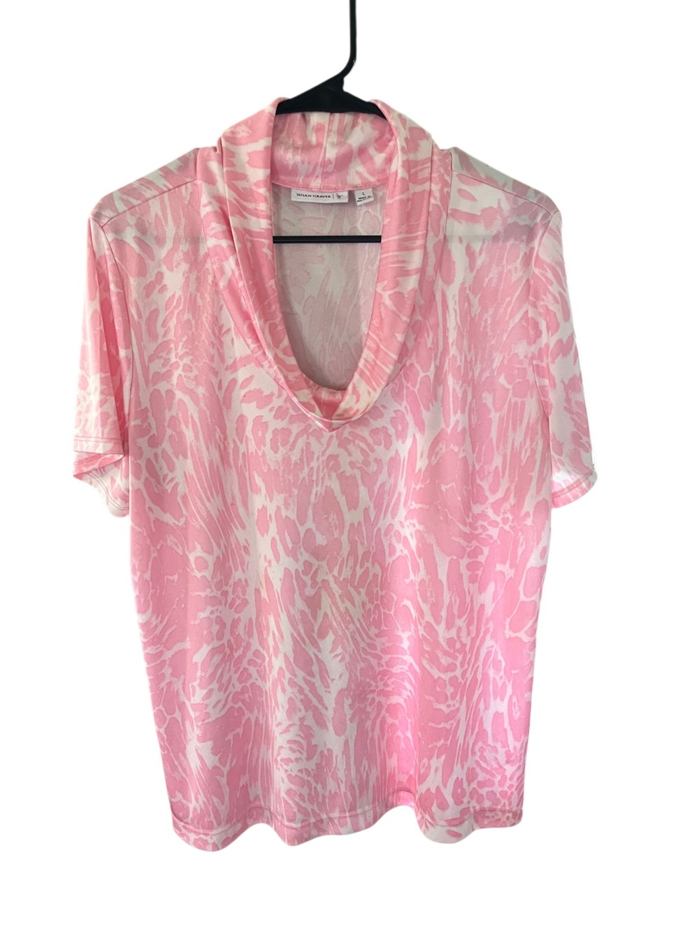 Susan Graver Pink Printed Cowl Neck Short Sleeve Top Size Large QVC